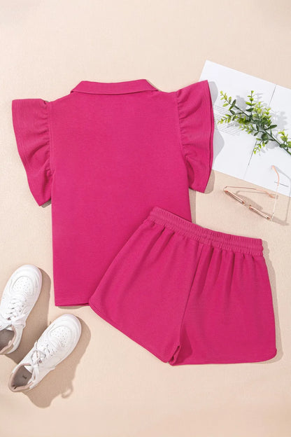 Striped Detail Flutter Sleeve Zipped Collar Top and Short Set Carauana Store