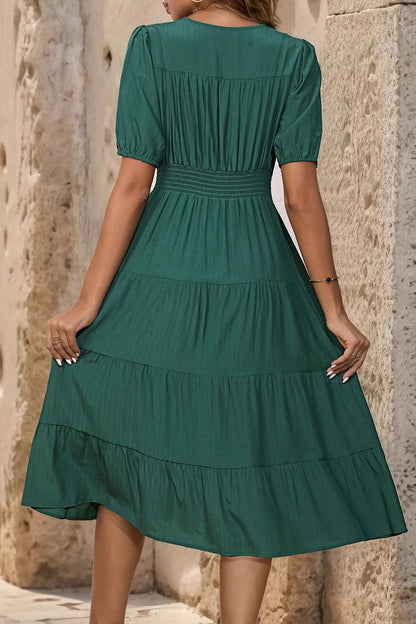 V-Neck Button Up Balloon Sleeve Midi Dress