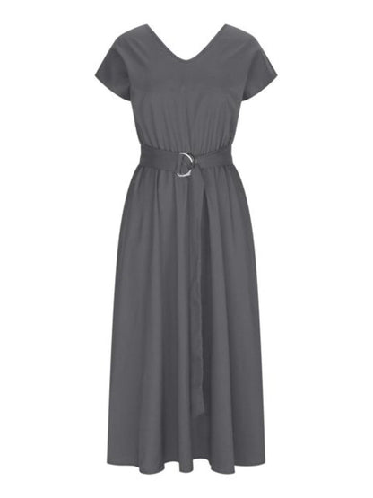 Ruched V-Neck Cap Sleeve Dress