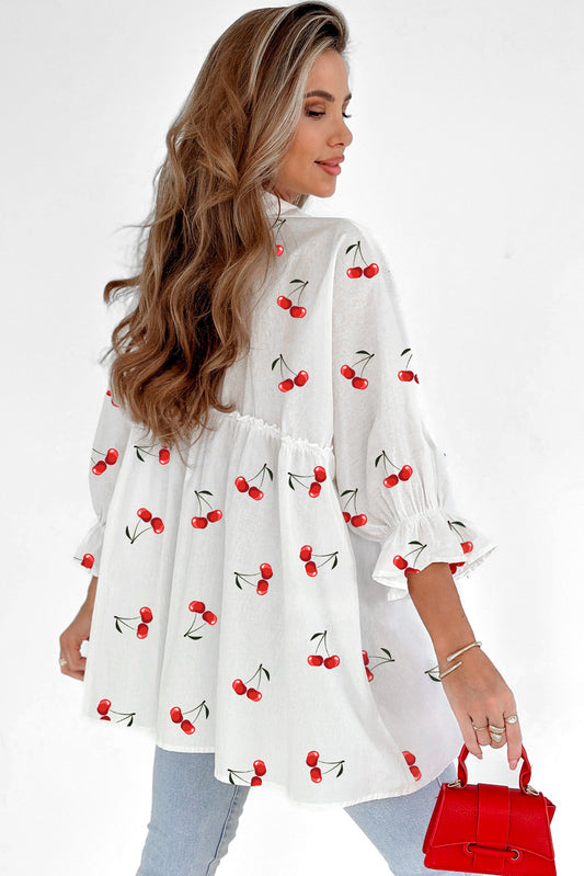 White Cherry Print Flounce Sleeve Collared Frilled Babydoll Blouse