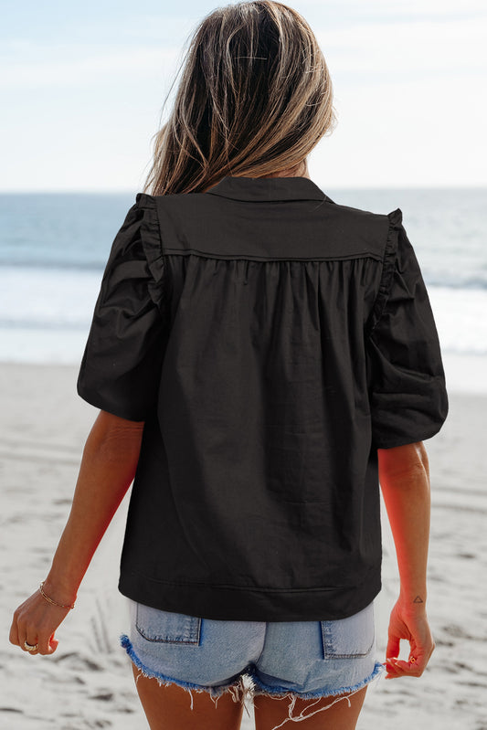 Black Frilly Puff Sleeve Stylish Collared Shirt