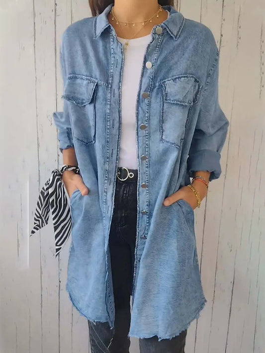 Full Size Raw Hem Button Up Long Sleeve Denim Top Plus Size Carauana Store