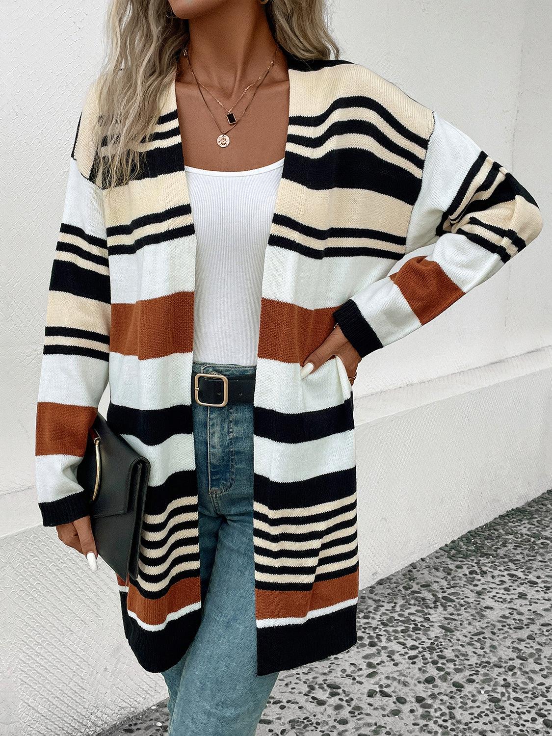 Perfee Striped Open Front Drop Shoulder Cardigan