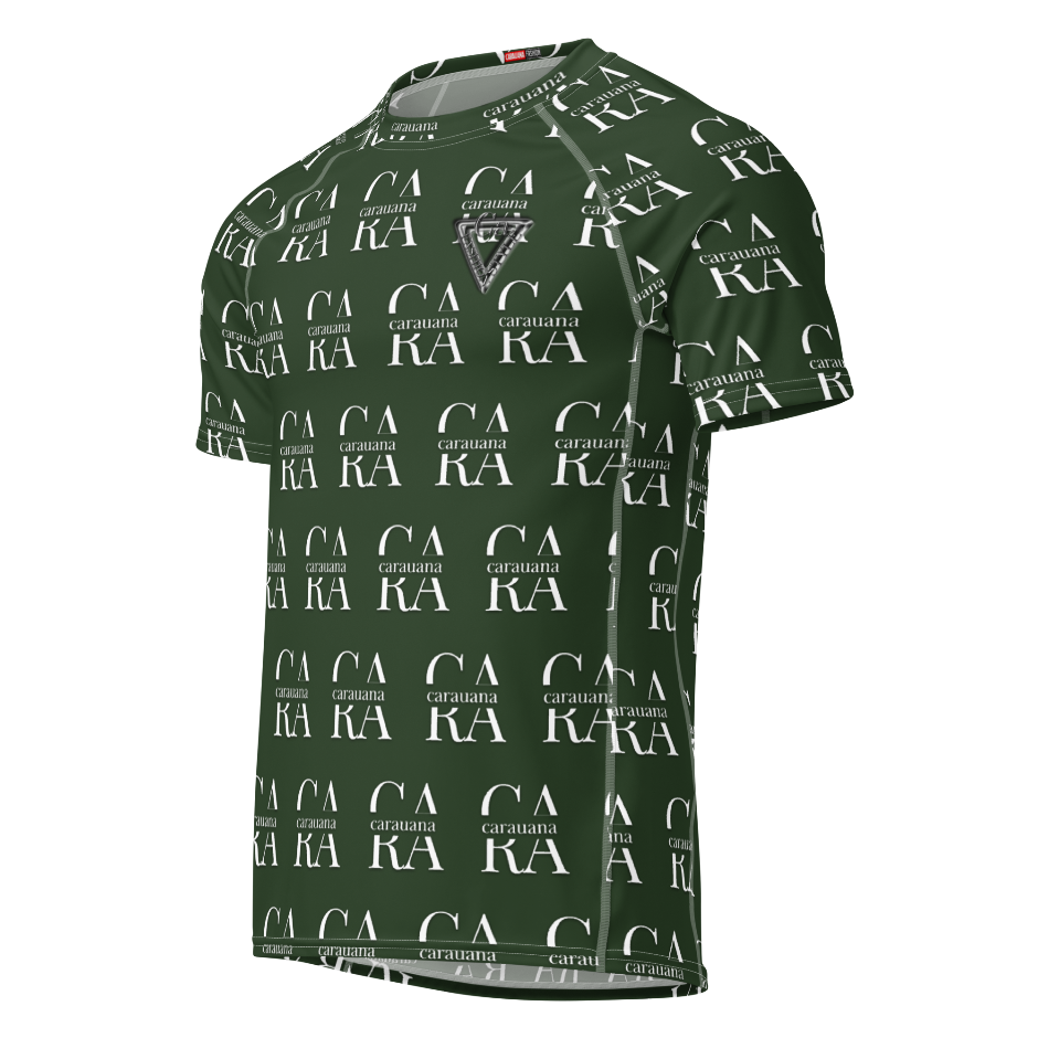 Green t-shirt with white branding pattern on a white background