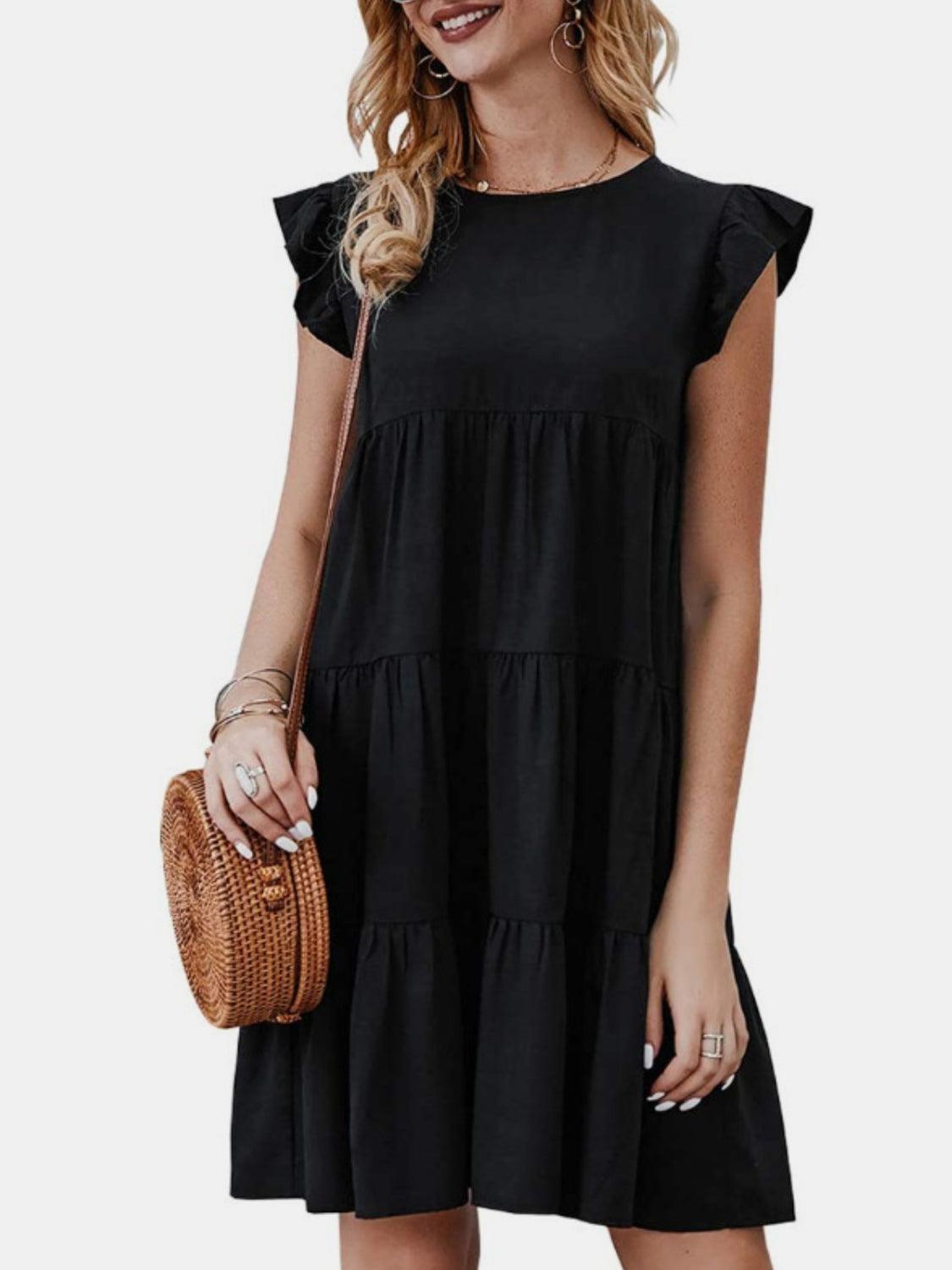 Ruffled Round Neck Cap Sleeve Mini Dress