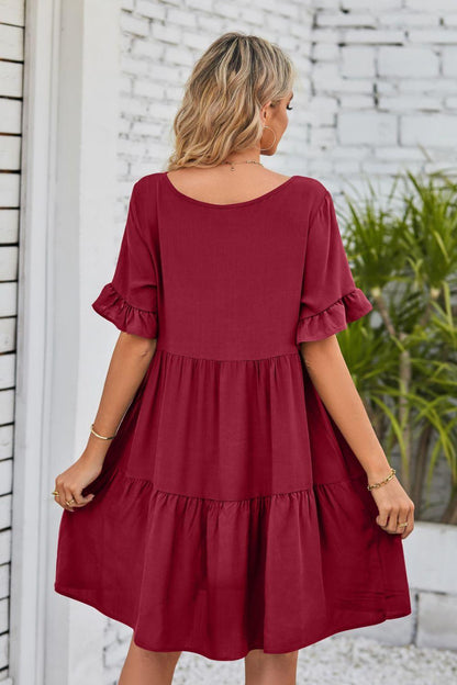 V-Neck Flounce Sleeve Tiered Dress