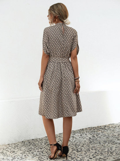 Tied Printed Mock Neck Short Sleeve Dress