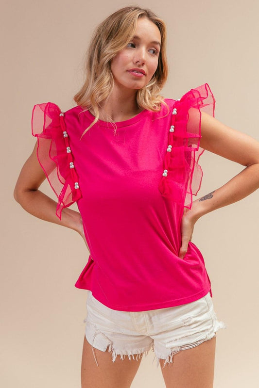 BiBi Pearl Decor Mesh Ruffle Sleeve Top Carauana Store
