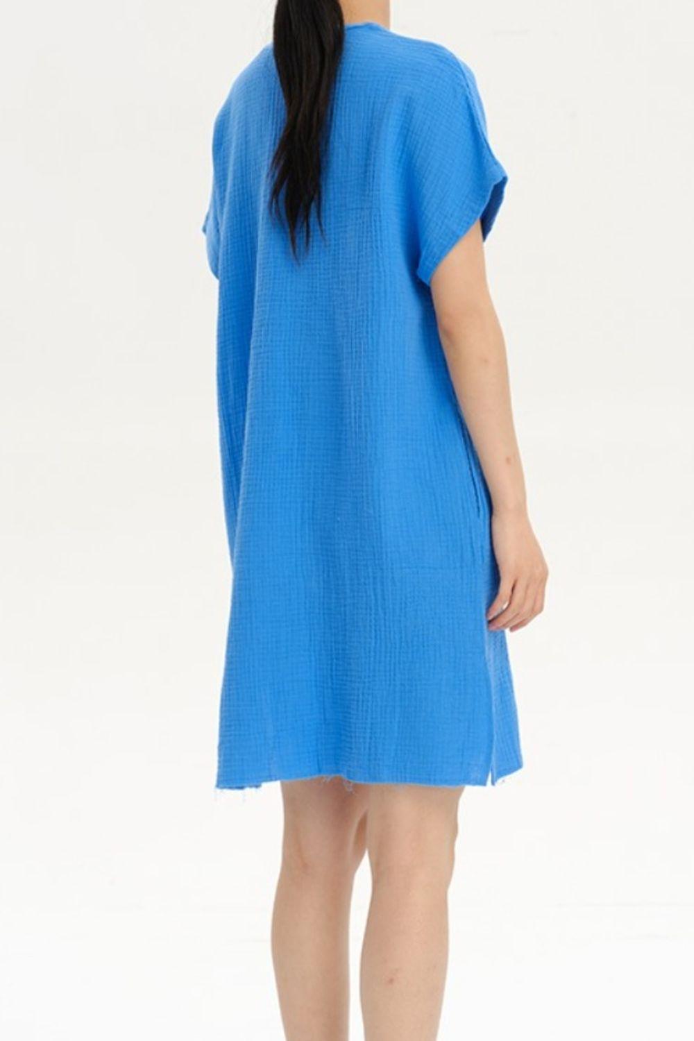 Slit Notched Short Sleeve Mini Dress