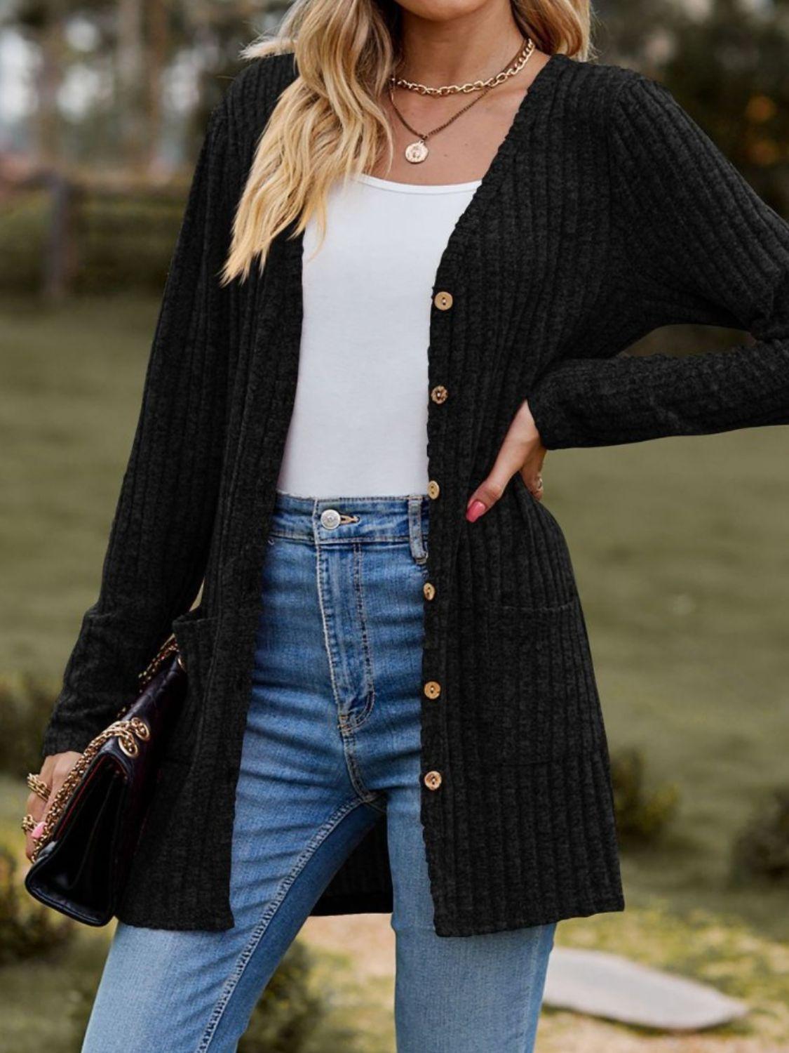 Ribbed Button Up Long Sleeve Cardigan