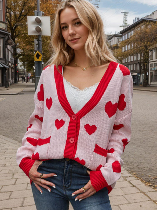 Heart Button Up Dropped Shoulder Long Sleeve Cardigan