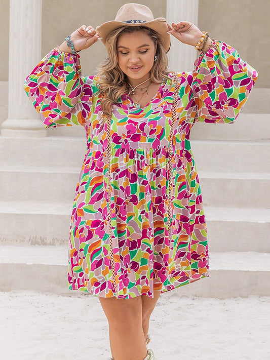 Plus Size Printed V-Neck Balloon Sleeve Mini Dress Carauana Store