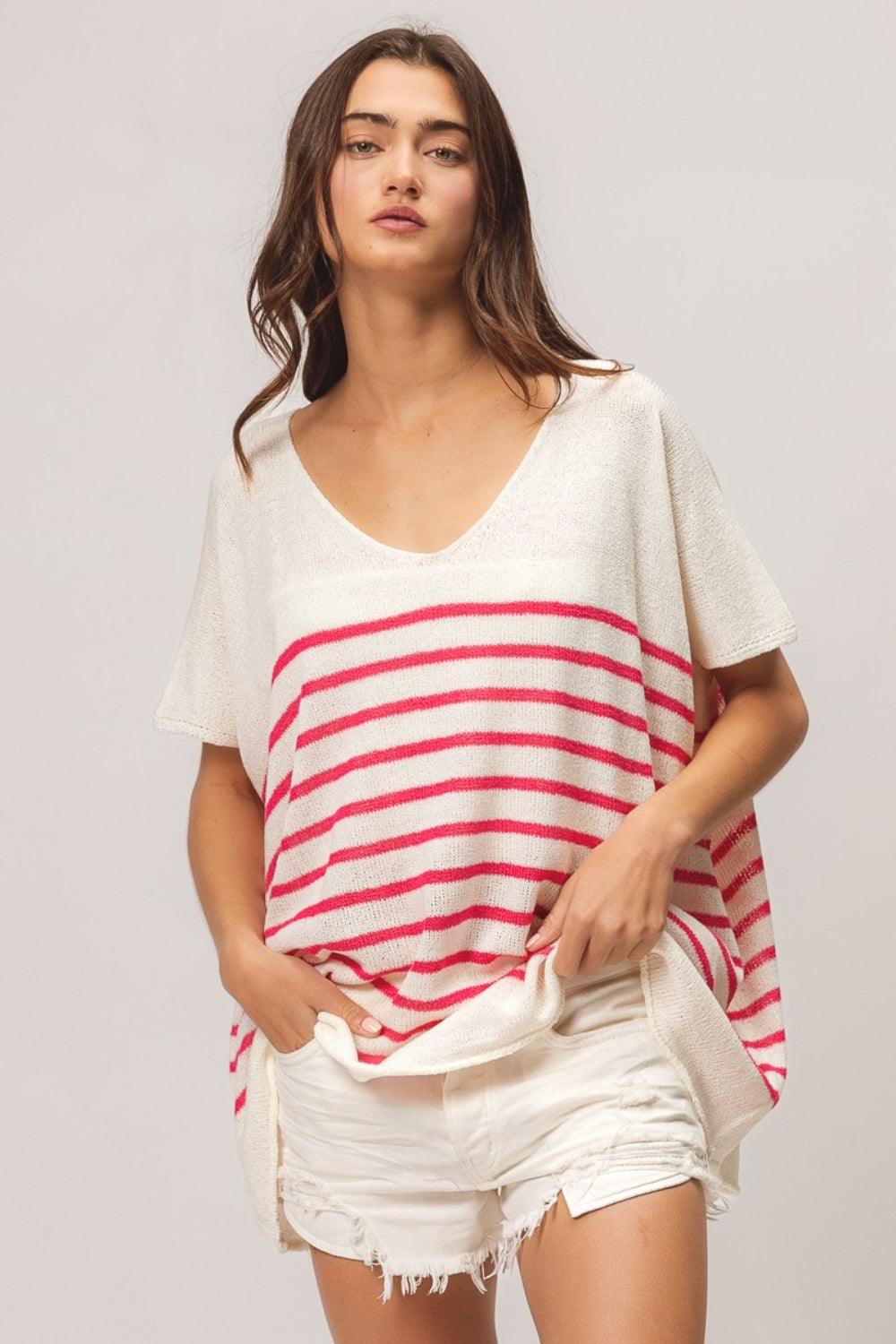 BiBi V Neck Striped Short Sleeve Top Carauana Store