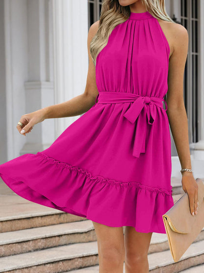 Ruched Grecian Neck Tie Waist Mini Dress