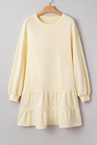 Beige Double Tiered Ruffle Hem Long Sleeve Loose Mini Dress