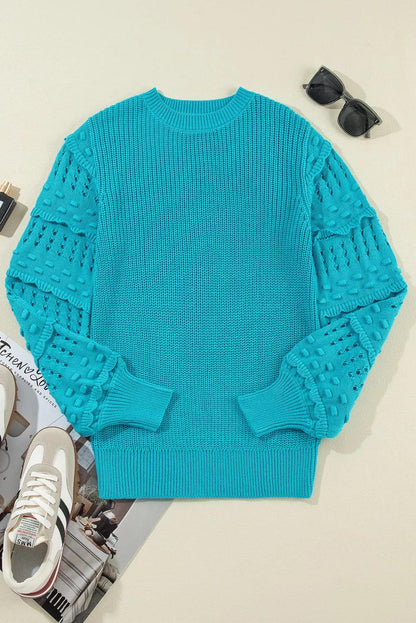 Openwork Frill Round Neck Long Sleeve Sweater