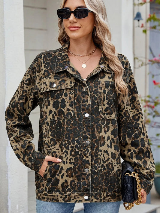 Pocketed Leopard Long Sleeve Denim Jacket Carauana Store