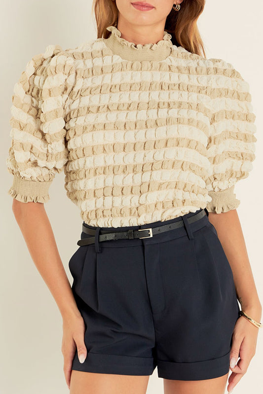 Beige Textured Mock Neck Short Sleeve Blouse