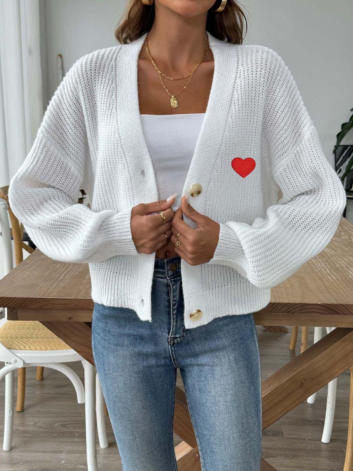 Heart Button Down V-Neck Long Sleeve Cardigan