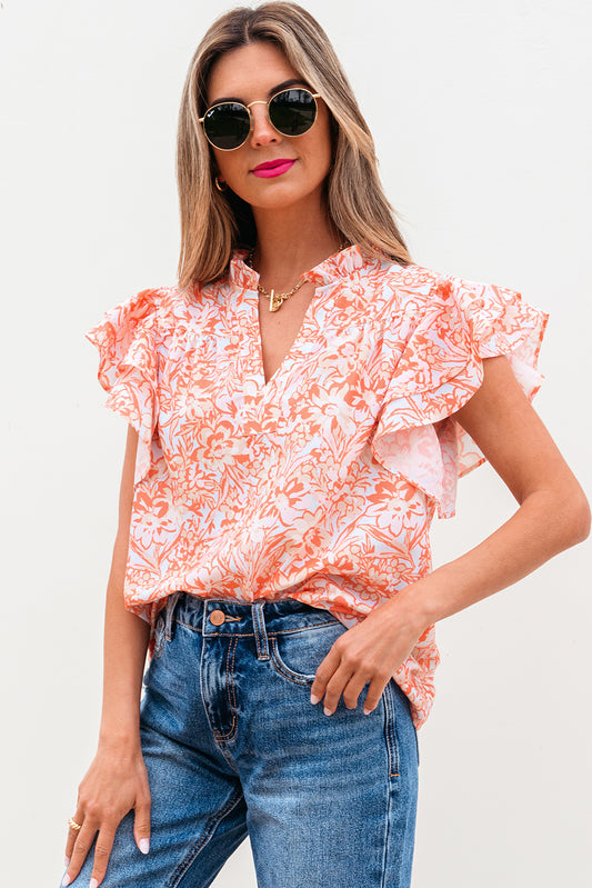 Orange Floral Ruffle Sleeve Split Neck Blouse