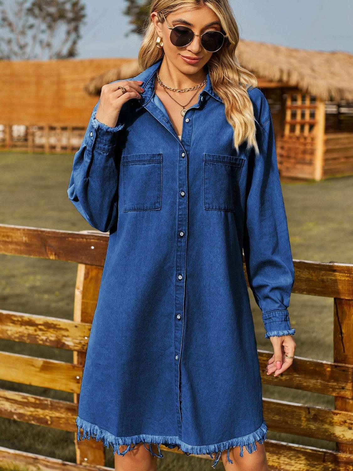 Button Up Collared Neck Raw Hem Denim Dress