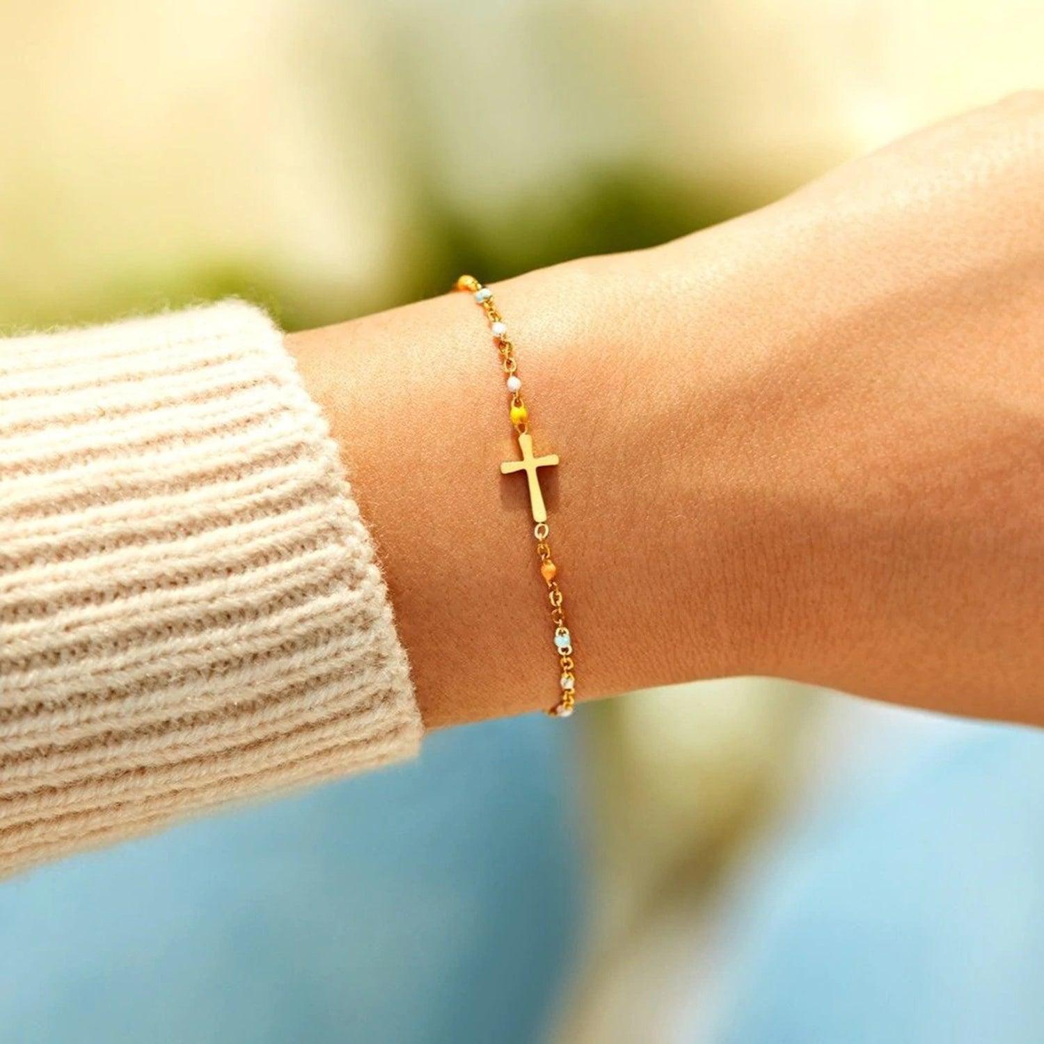 18K Gold-Plated Cross Bead Bracelet