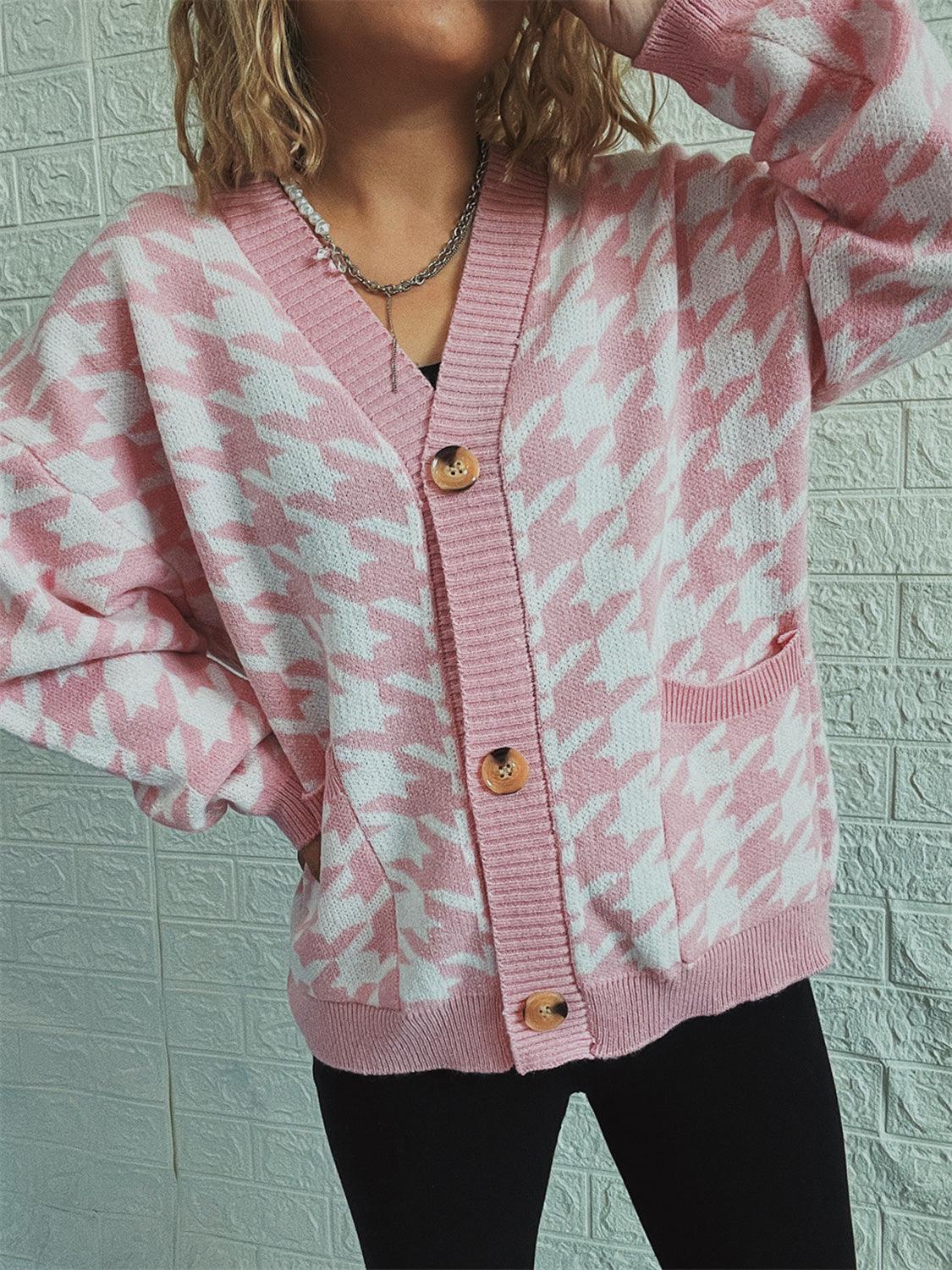 Houndstooth Botton Front Cardigan with Pockets