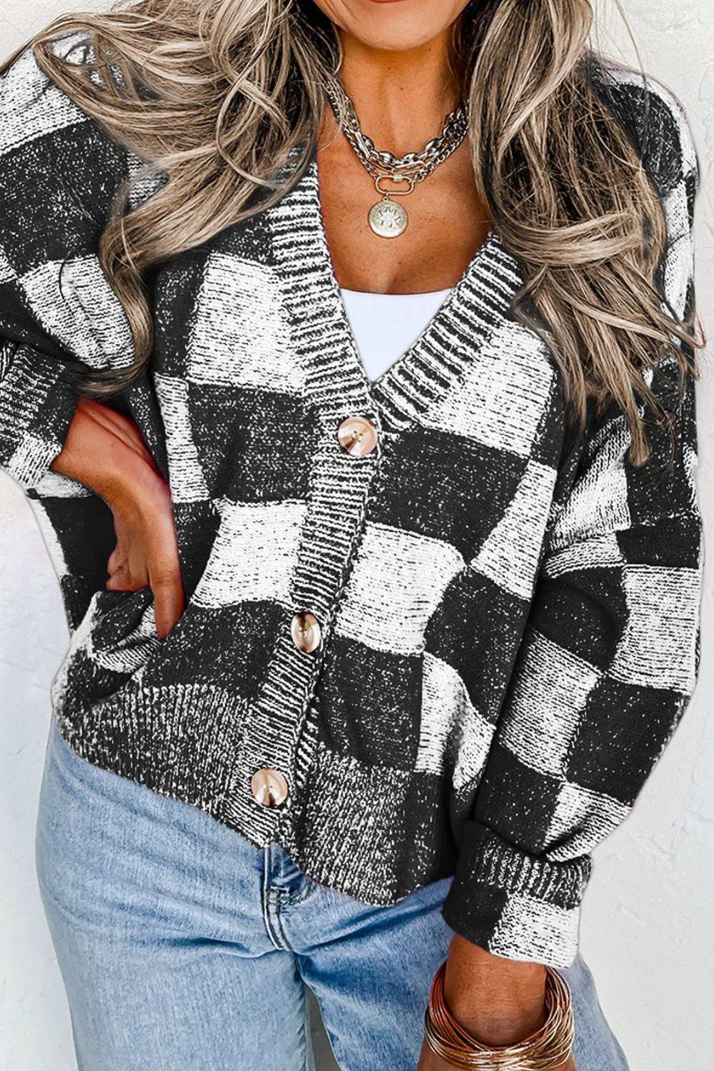 Checkered Button Up Long Sleeve Cardigan