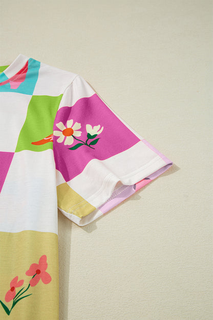 Purple Western Fashion Checker Print Crewneck T Shirt