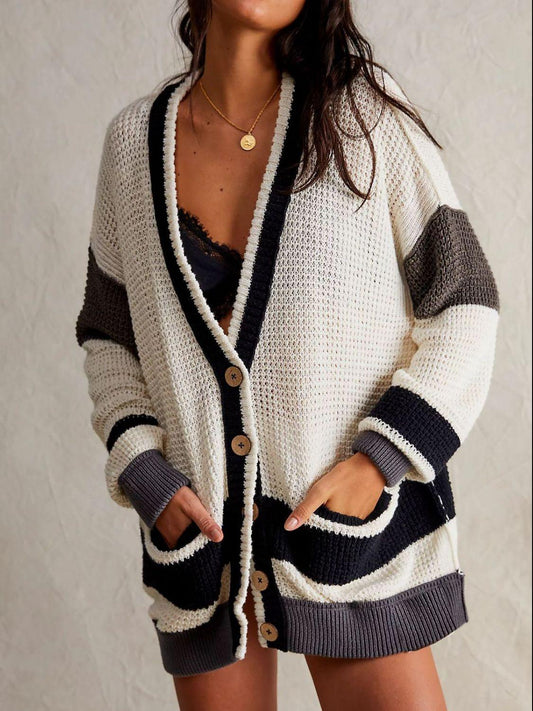 Pocketed Contrast V-Neck Long Sleeve Cardigan Carauana Store