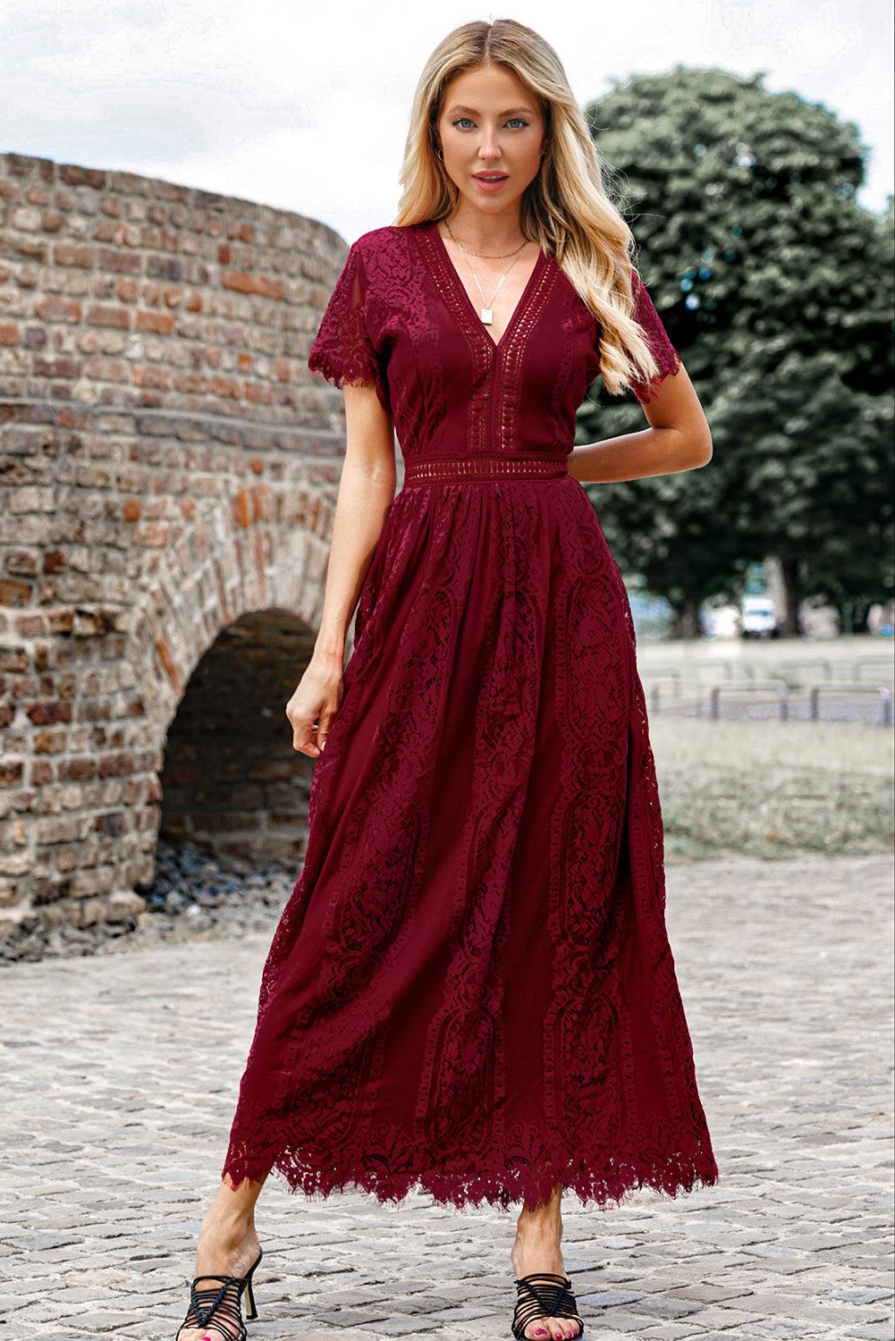 Scalloped Trim Lace Plunge Dress CaRaUaNa Fashion