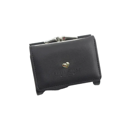 Black wallet with a gold heart emblem on a white surface