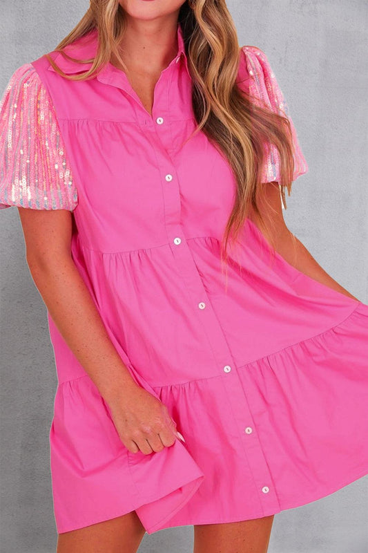 Sequin Button Up Tiered Dress Carauana Store