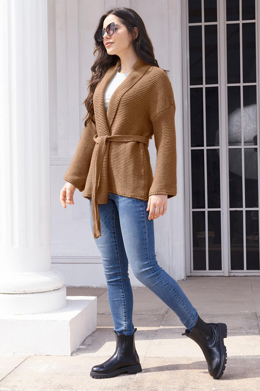 Tied Open Front Long Sleeve Cardigan