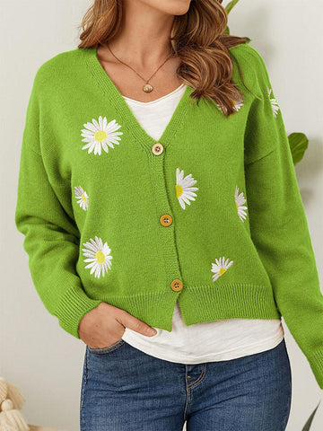 Flower Button Front Dropped Shoulder Cardigan