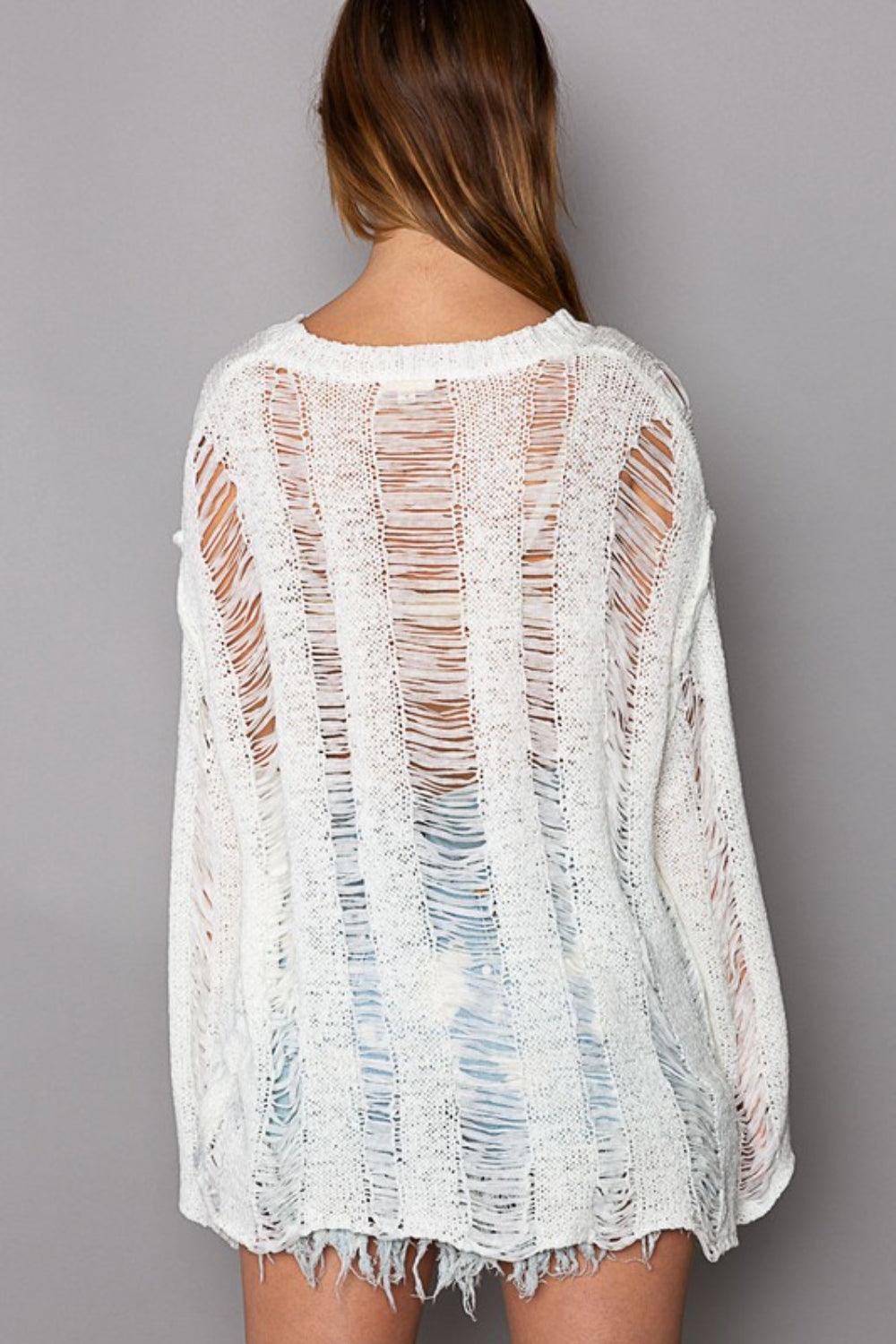 POL Distressed Round Neck Long Sleeve Knit Cover Up