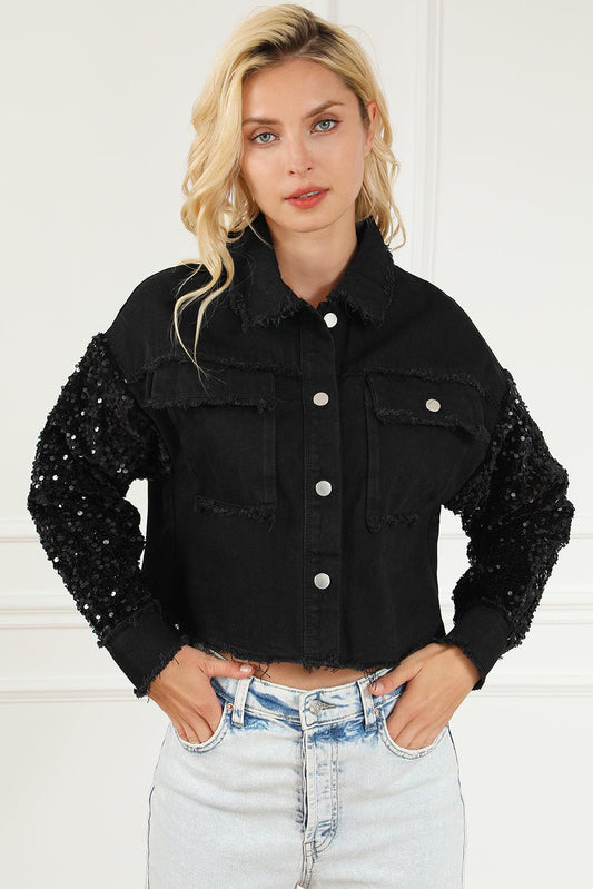 Sequin Button Up Raw Hem Denim Jacket Carauana Store