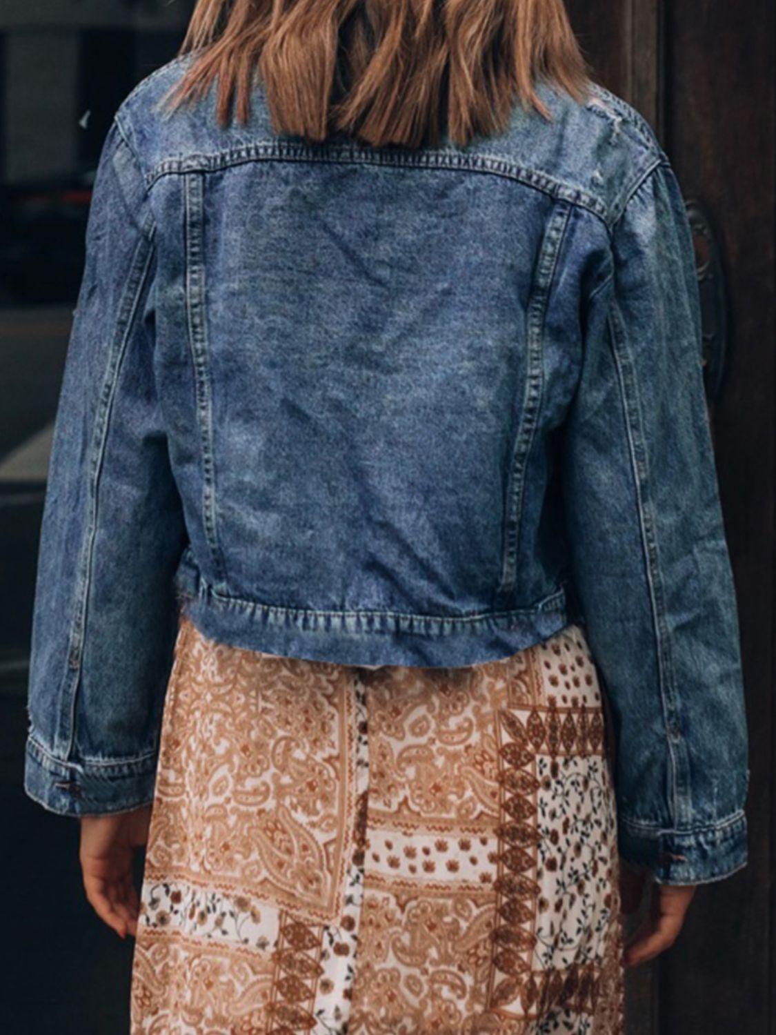 Button Up Collared Neck Distressed Denim Jacket