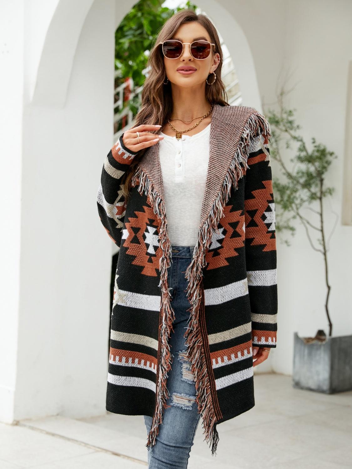 Fringe Geometric Hooded Long Sleeve Cardigan