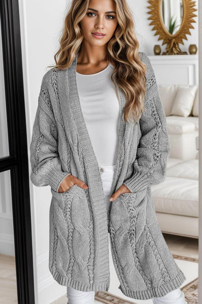 Cable-Knit Dropped Shoulder Slit Cardigan