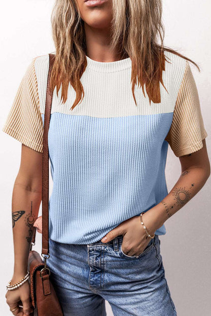 Light Blue Rib Textured Colorblock T Shirt CaRaUaNa Fashion
