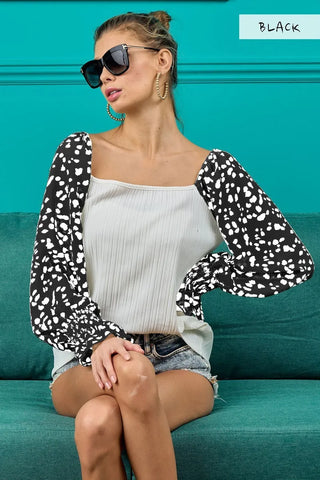 BiBi Ribbed Top with Leopard Long Sleeves