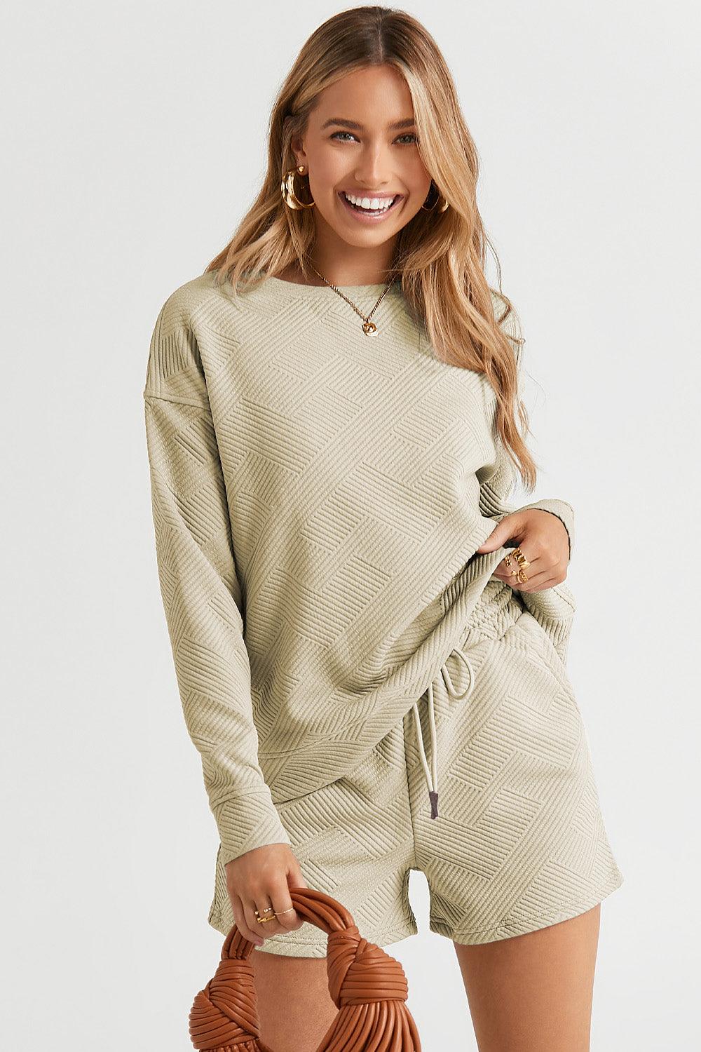 Double Take Full Size Texture Long Sleeve Top and Drawstring Shorts Set CaRaUaNa Fashion