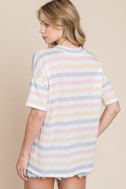 BOMBOM Striped V-Neck Short Sleeve T-Shirt