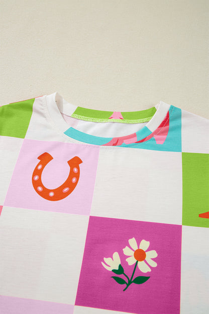 Purple Western Fashion Checker Print Crewneck T Shirt