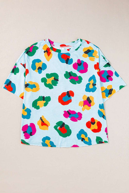 Sky Blue Leopard Drop Shoulder Oversize Tee CaRaUaNa Fashion