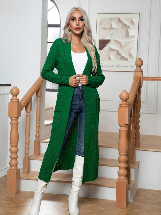 Cable-Knit Open Front Cardigan with Pockets