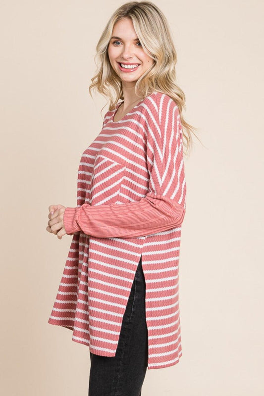 Culture Code Oversize Striped Round Neck Long Sleeve Slit T-Shirt Carauana Store