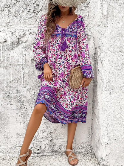 Tassel Tied Printed Long Sleeve Dress