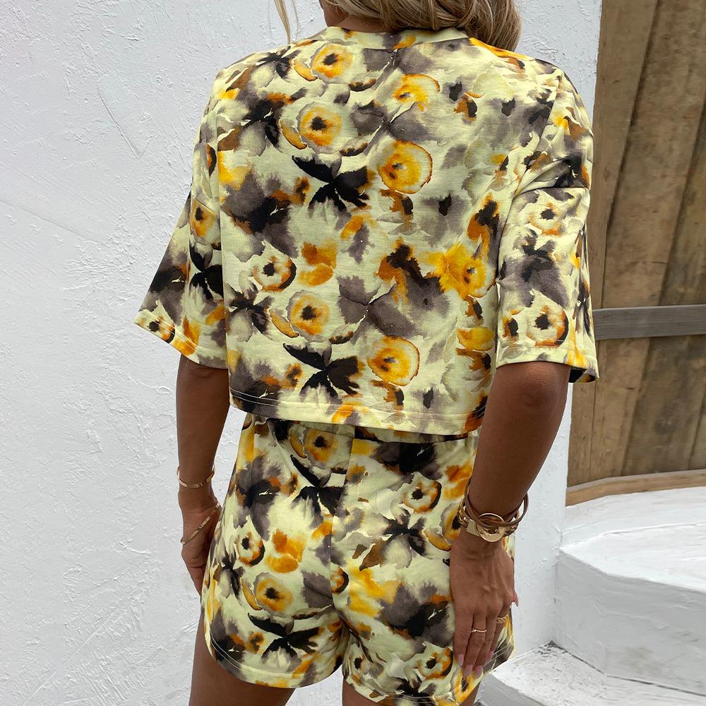 Printed Round Neck Dropped Shoulder Half Sleeve Top and Shorts Set